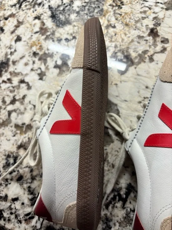 Veja Low-Top Leather Sneakers in White with V and Red Heel Tab Beige Suede - Picture 9 of 10